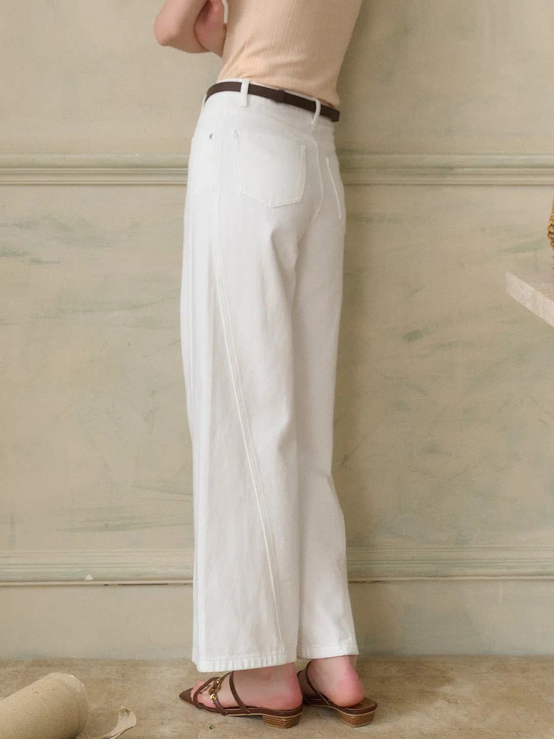 Katalina Vintage Low Rise Straight Leg Wide Leg Cotton Jeans-White