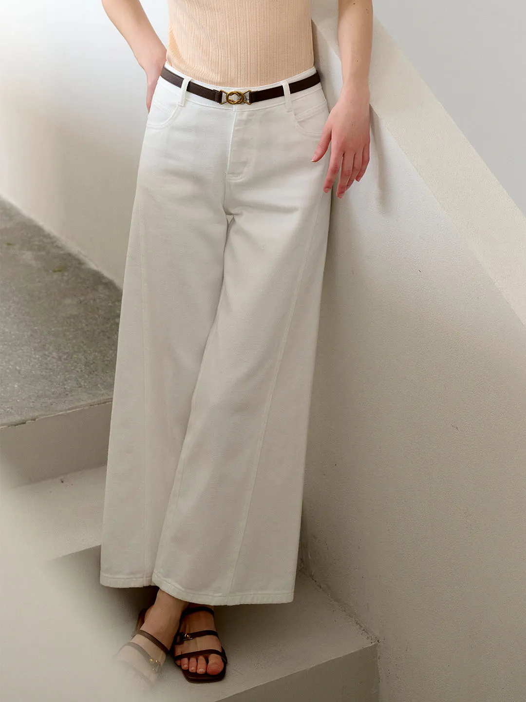 Katalina Vintage Low Rise Straight Leg Wide Leg Cotton Jeans-White