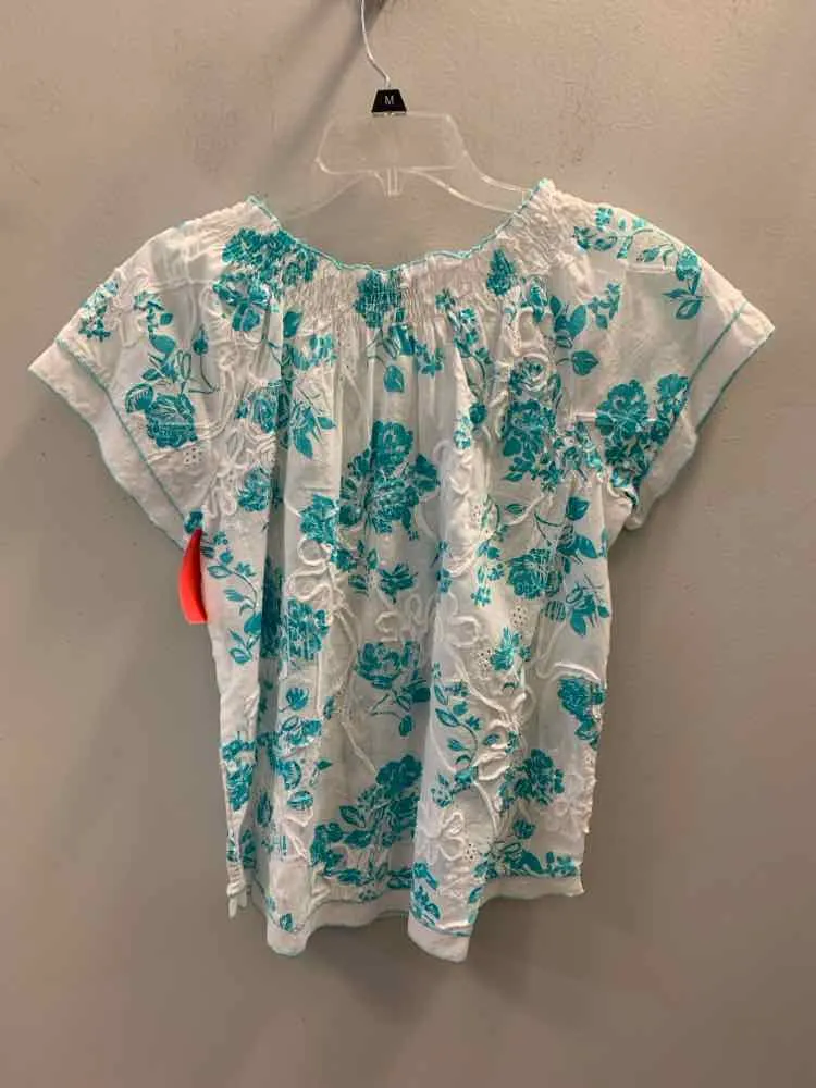 KIM ROGERS Tops Size PM AQUA/WHT Floral TOP