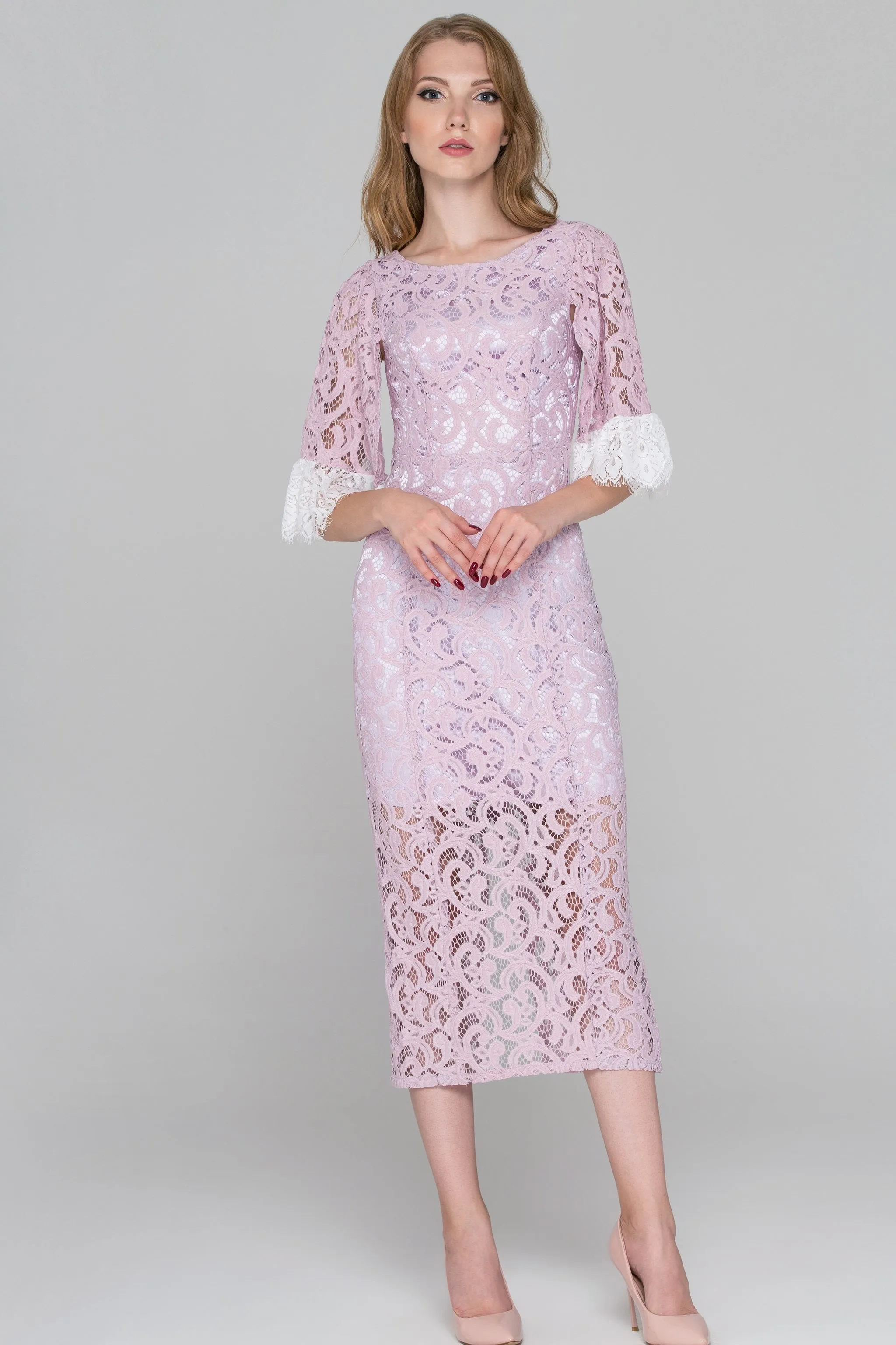 Lilac Lace Sleeved Midi Dress