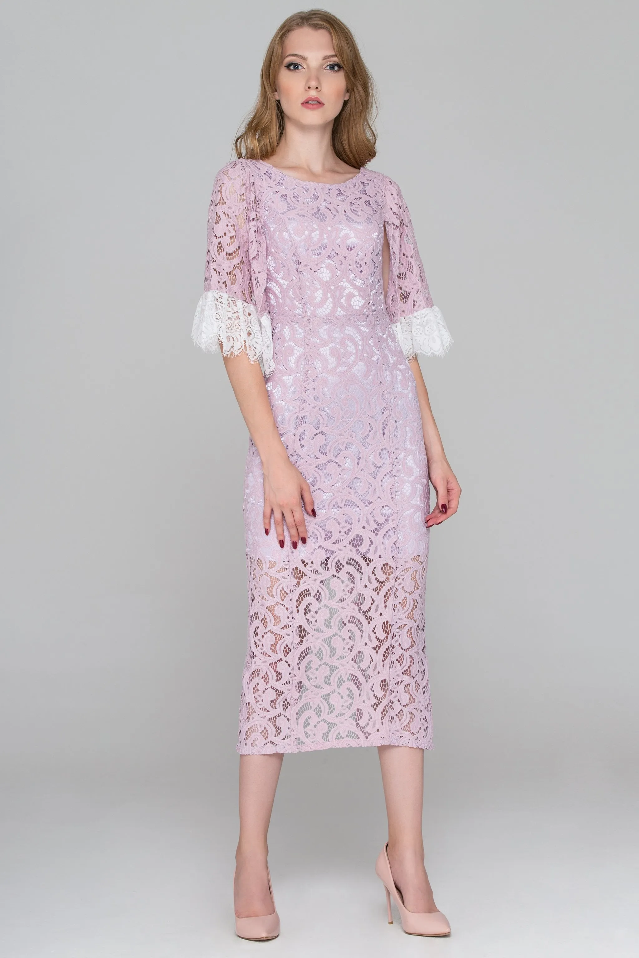 Lilac Lace Sleeved Midi Dress