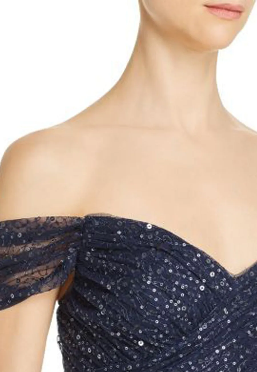 Navy Shimmer Grecian Off Shoulder Gown