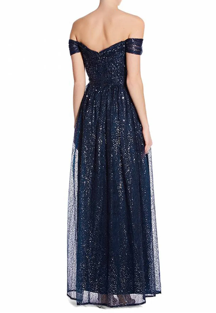 Navy Shimmer Grecian Off Shoulder Gown