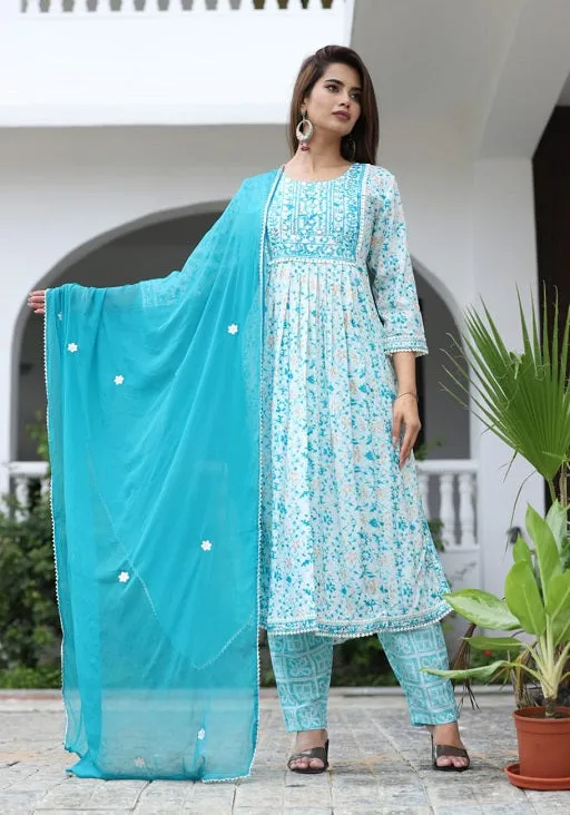 Nayara Cut Plus Size Cotton Printed Kurti With Pant and Dupatta Set