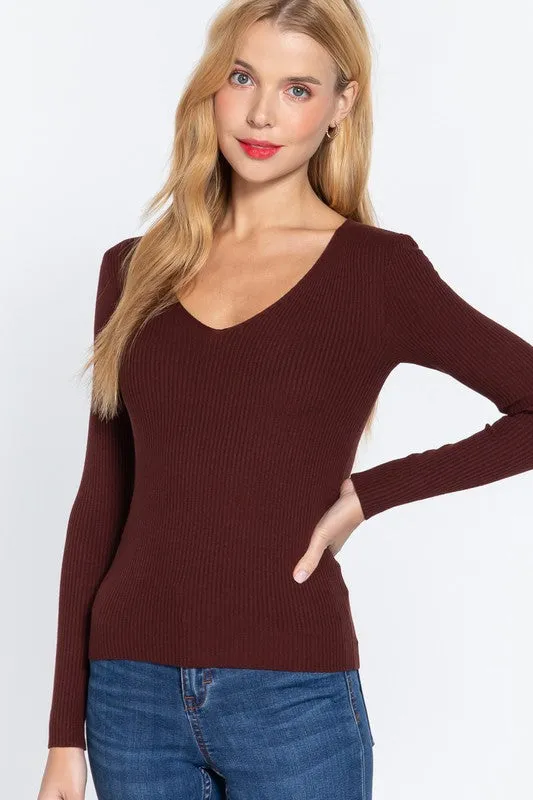 NICKI LONG SLEEVE V-NECK FITTED VISCOSE RIB SWEATER TOP