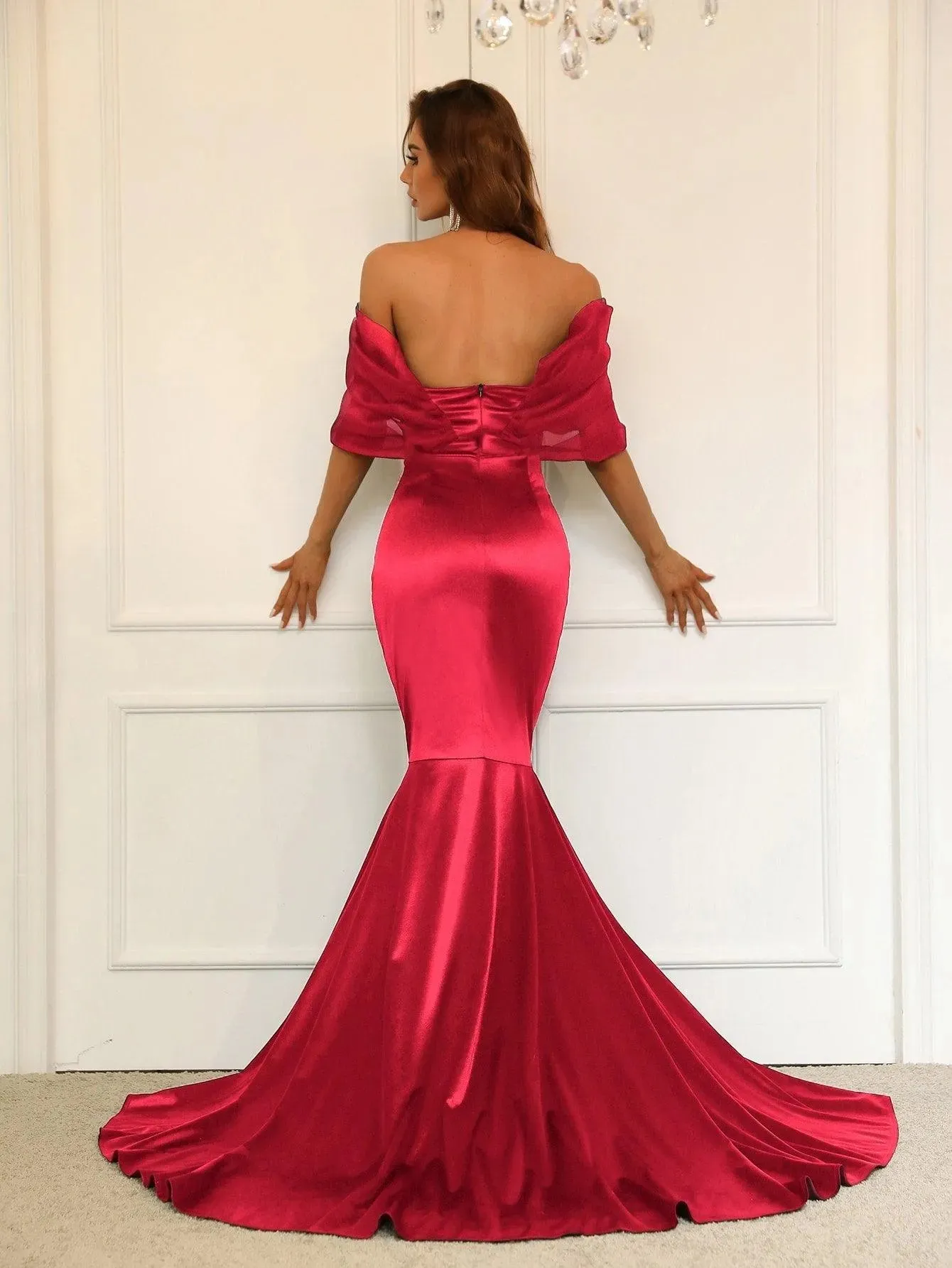 Off Shoulder Cap Sleeves Satin Mermaid Dress