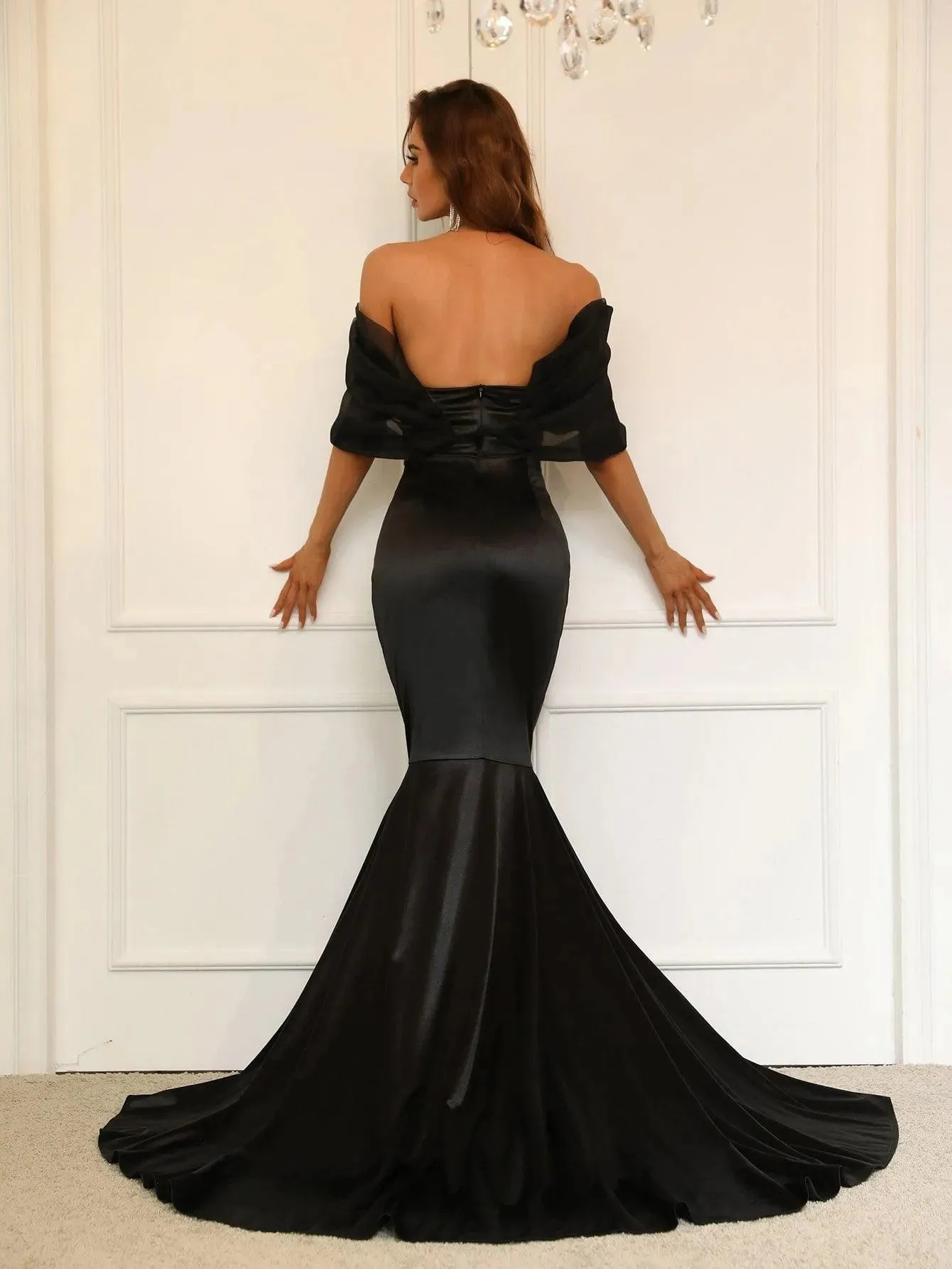 Off Shoulder Cap Sleeves Satin Mermaid Dress