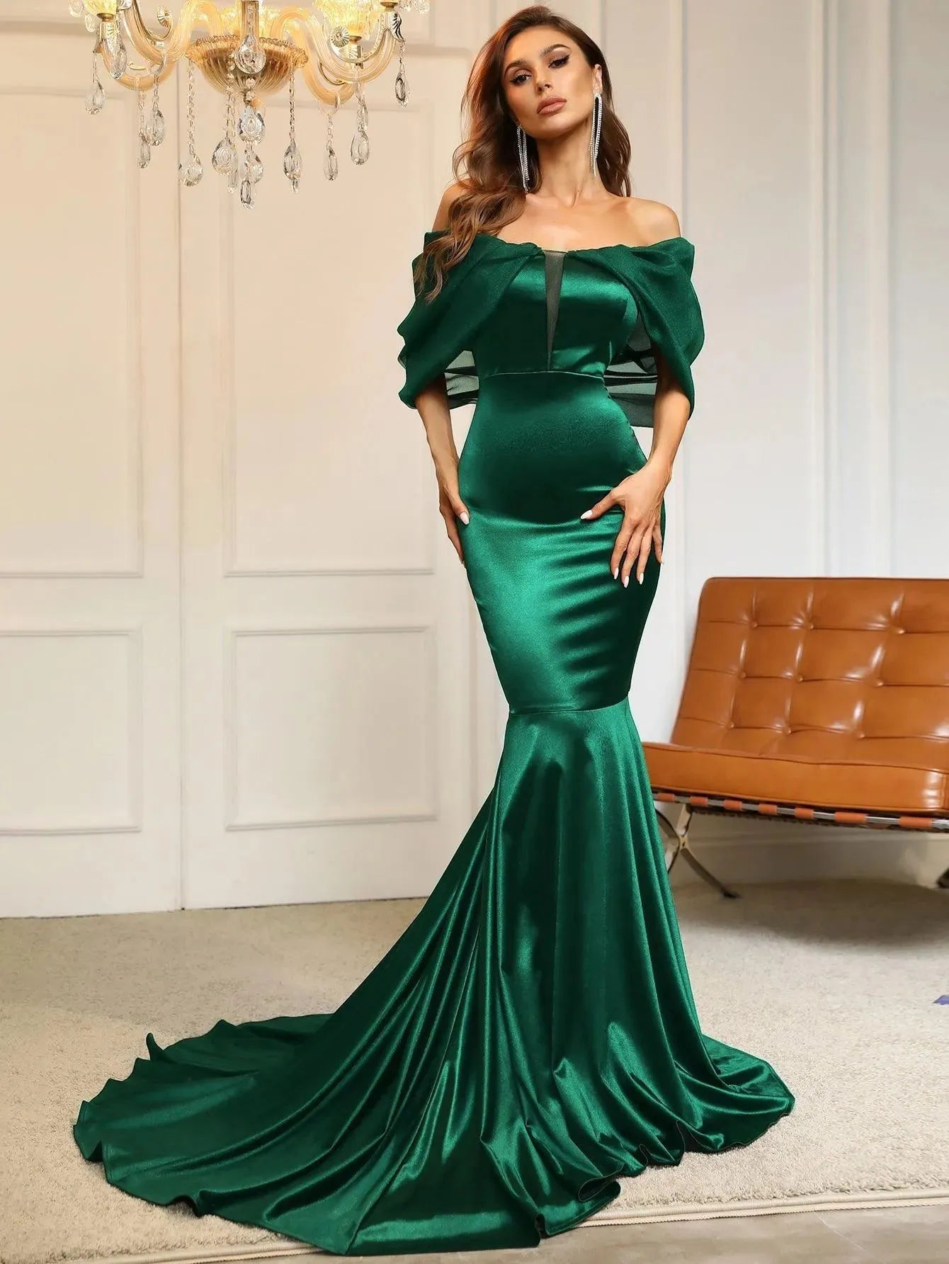 Off Shoulder Cap Sleeves Satin Mermaid Dress