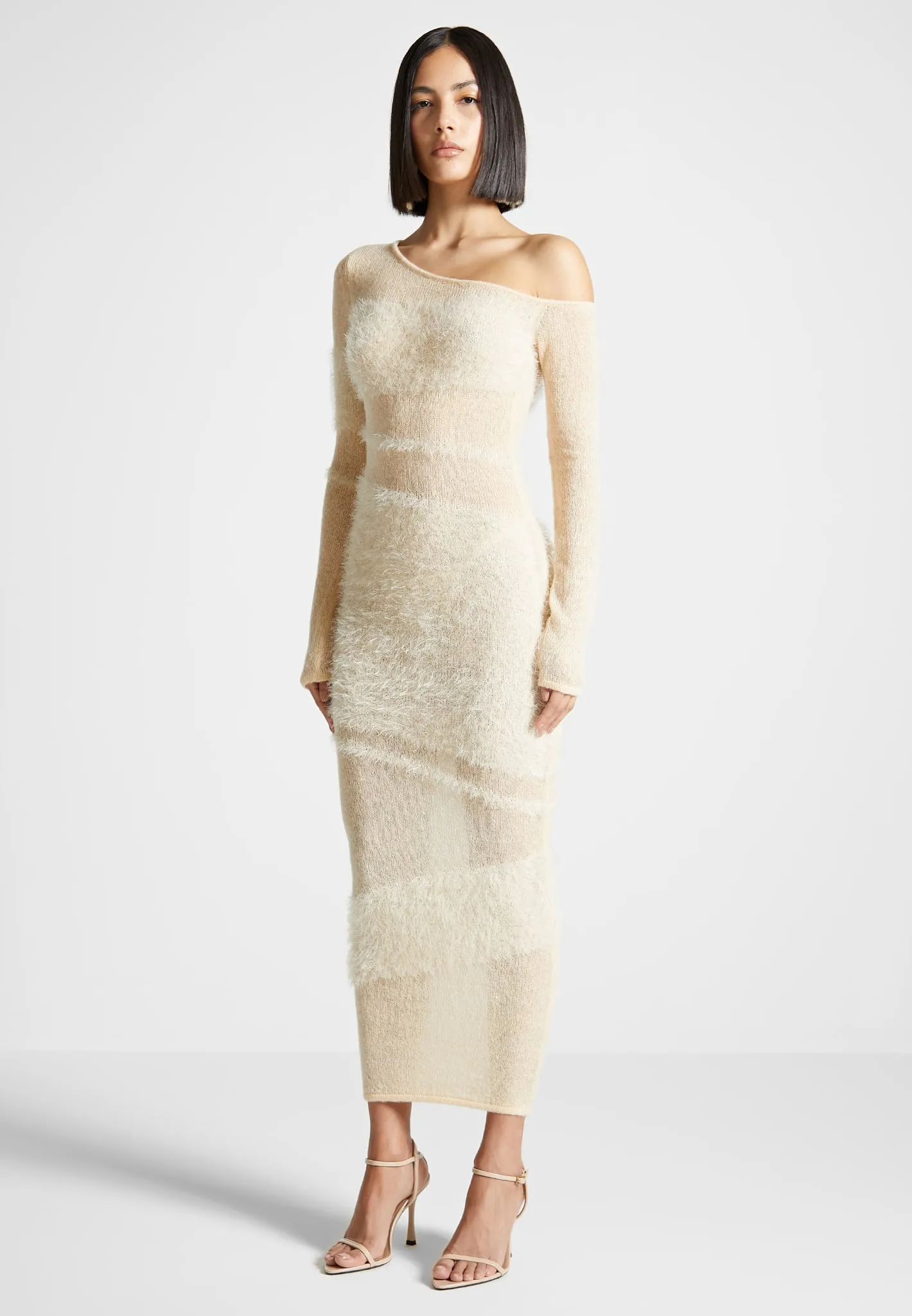 Off Shoulder Knitted Maxi Dress - Beige