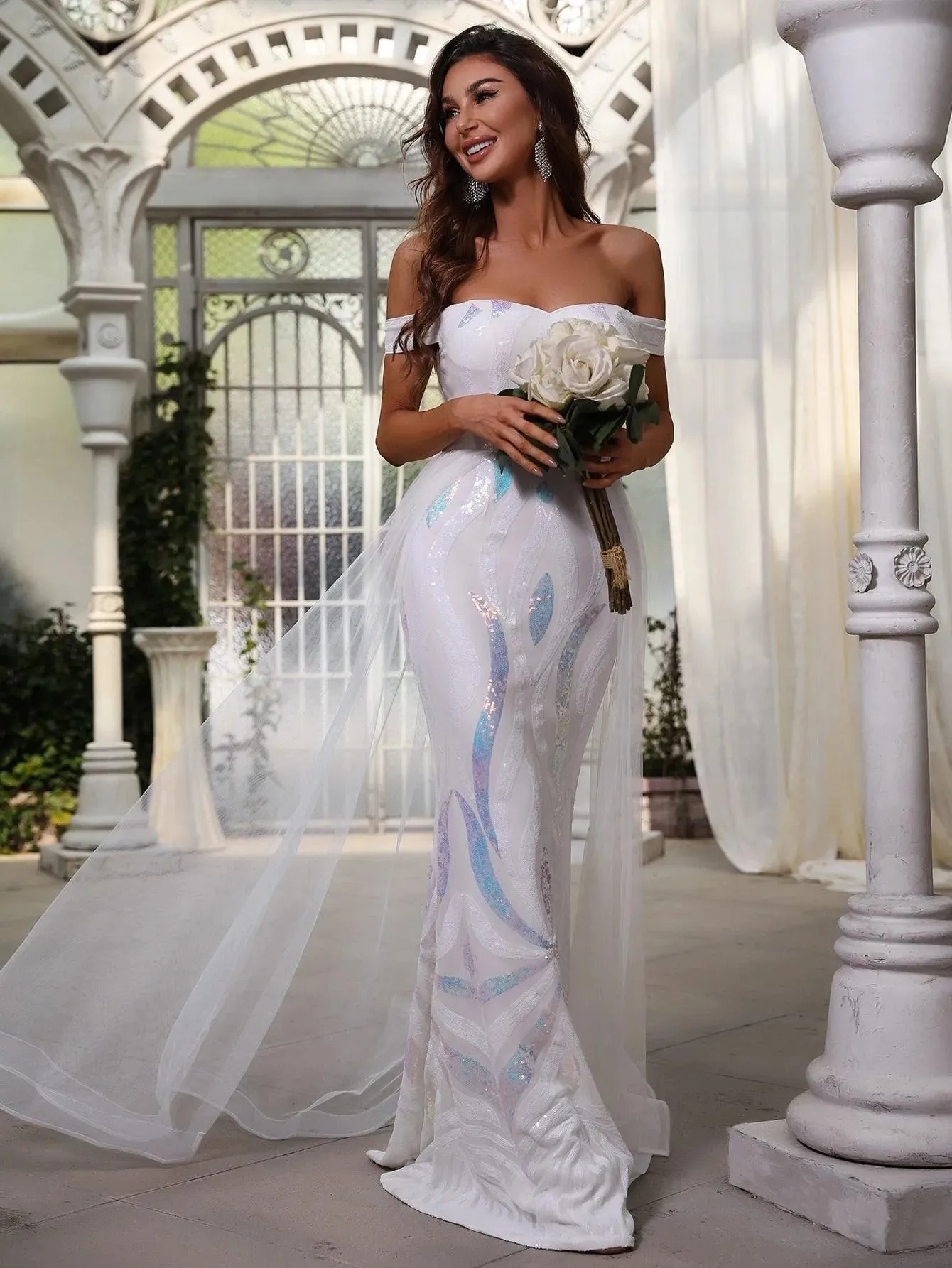 Off Shoulder Sequin Mermaid Hem Wedding Dresses