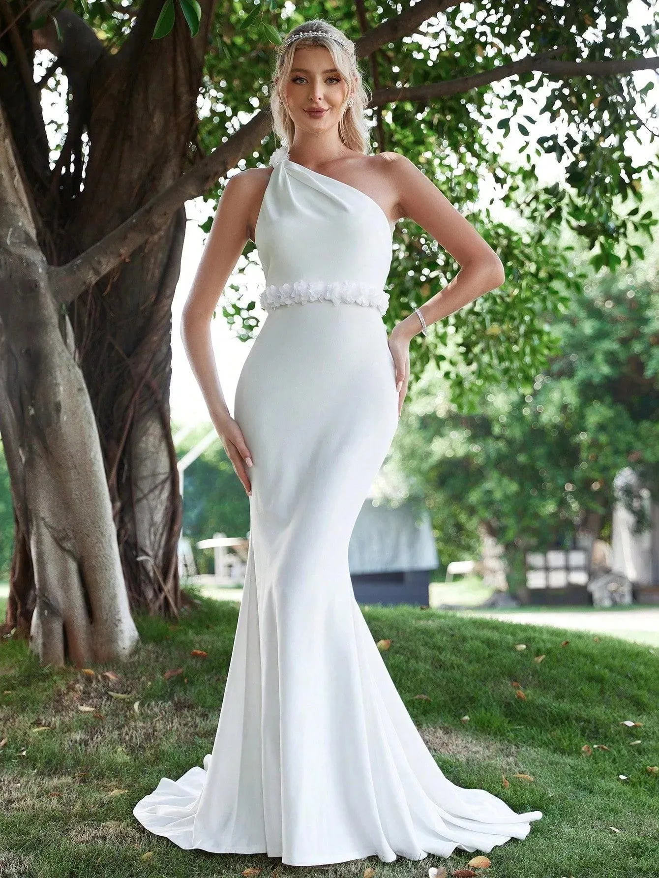 One Shoulder Backless Mermaid Hem Wedding Dress