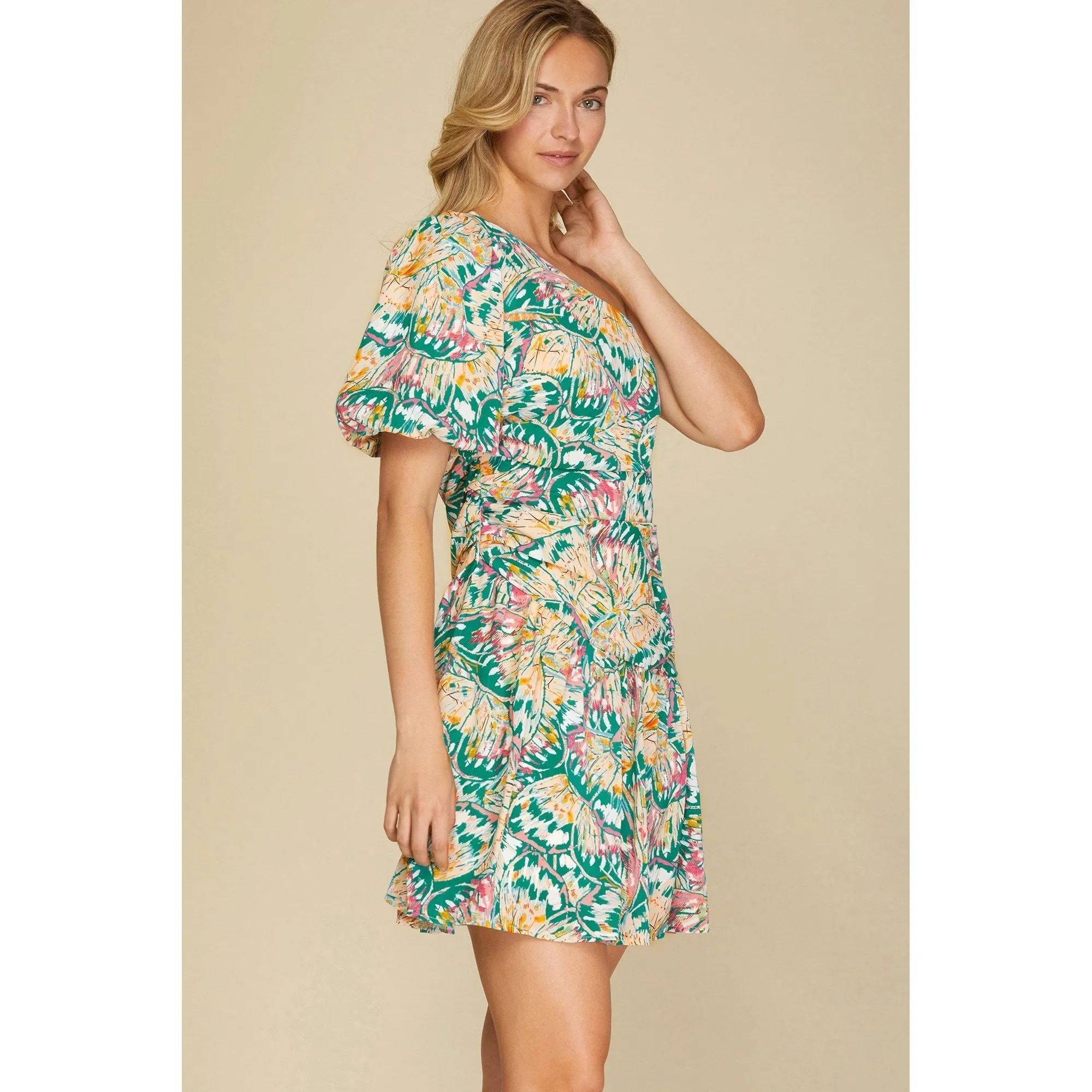 One Shoulder Printed Woven Bubble Sleeve Dress