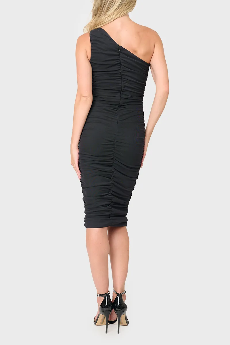 One Shoulder Side Rouched Mesh Dress