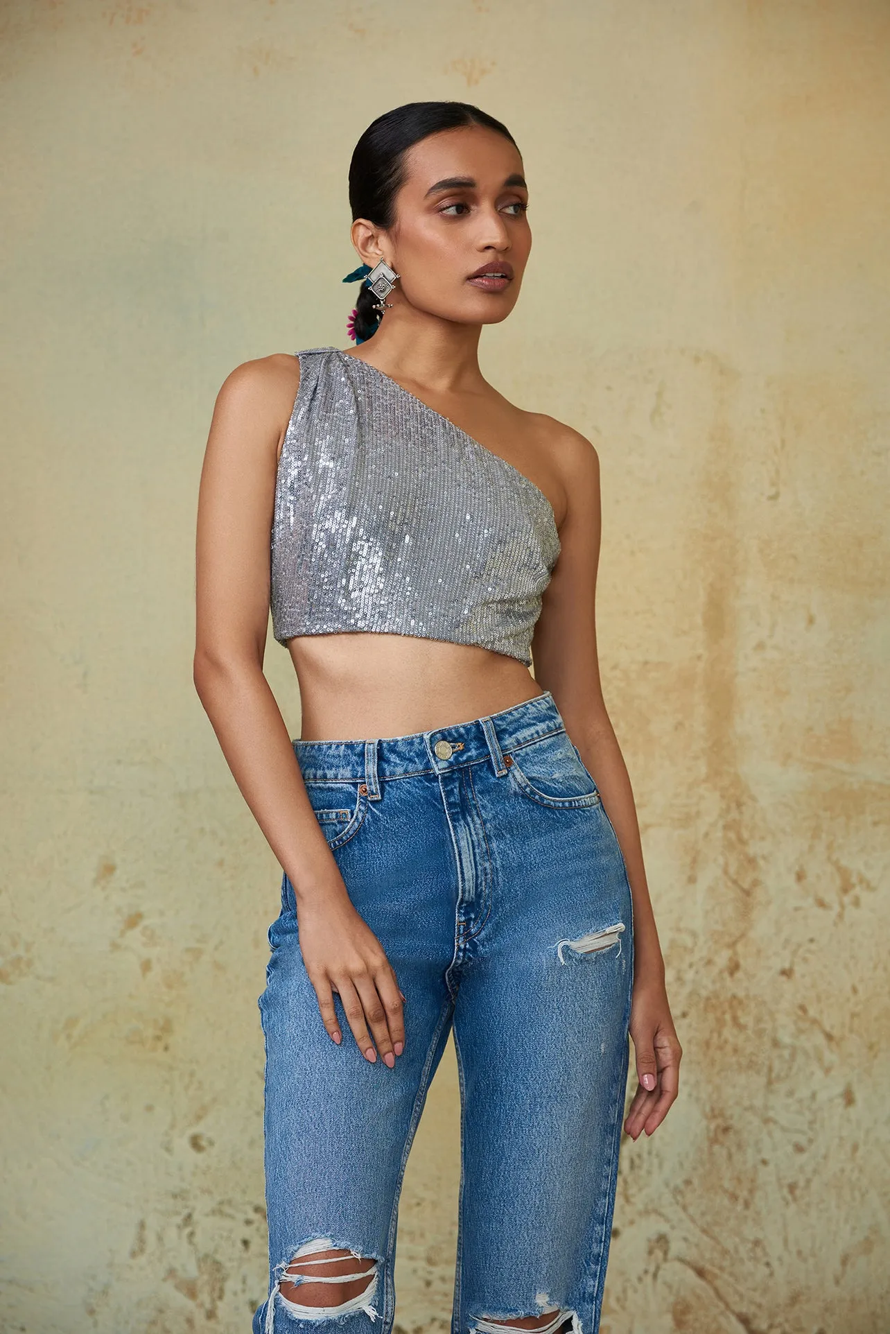 One Shoulder Silver Crop Top