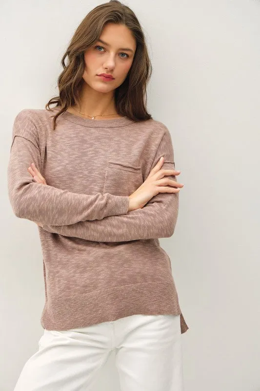 OPHELIA SLUB YARN ROUND NECK SWEATER WITH CHEST POCKETS