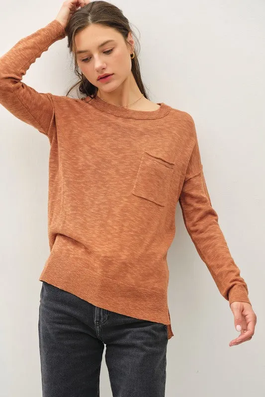 OPHELIA SLUB YARN ROUND NECK SWEATER WITH CHEST POCKETS