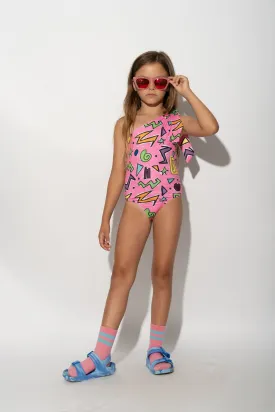 PINK SQUIGGLE PRINT ONE-SHOULDER SWIMSUIT