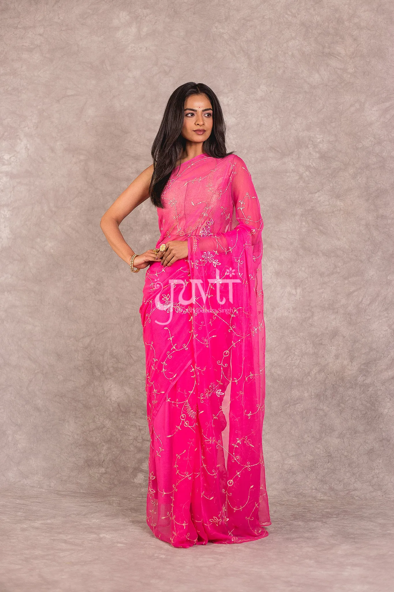 Pink Viscose Chiffon Aari Jaal work Saree