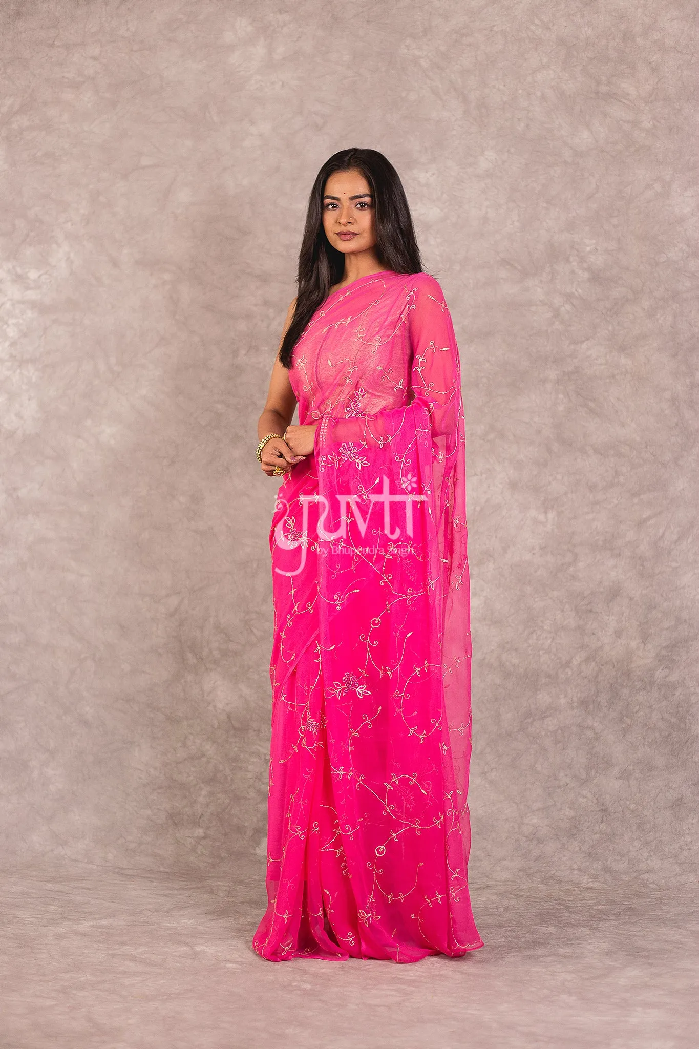 Pink Viscose Chiffon Aari Jaal work Saree