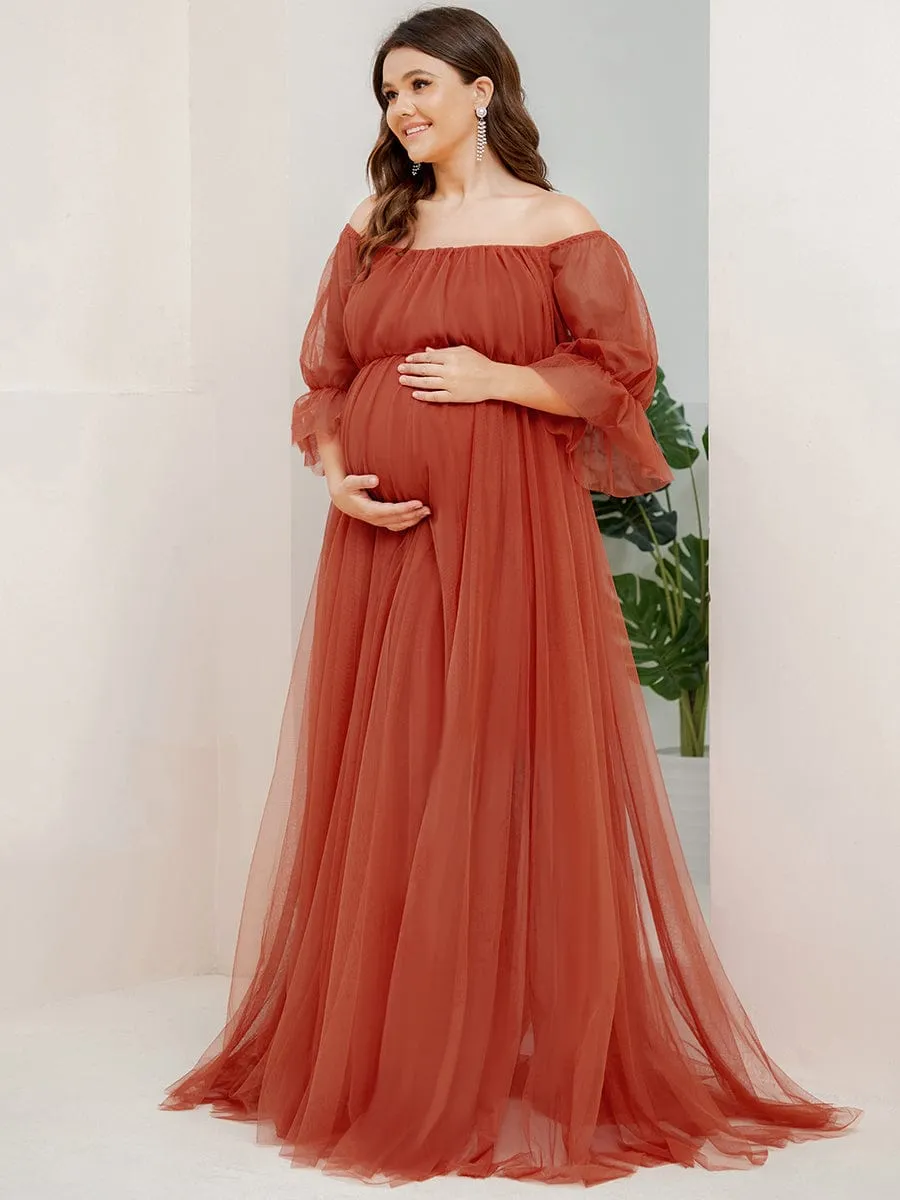 Plus Size Off-Shoulder Tulle Double Skirt Maxi Maternity Dress