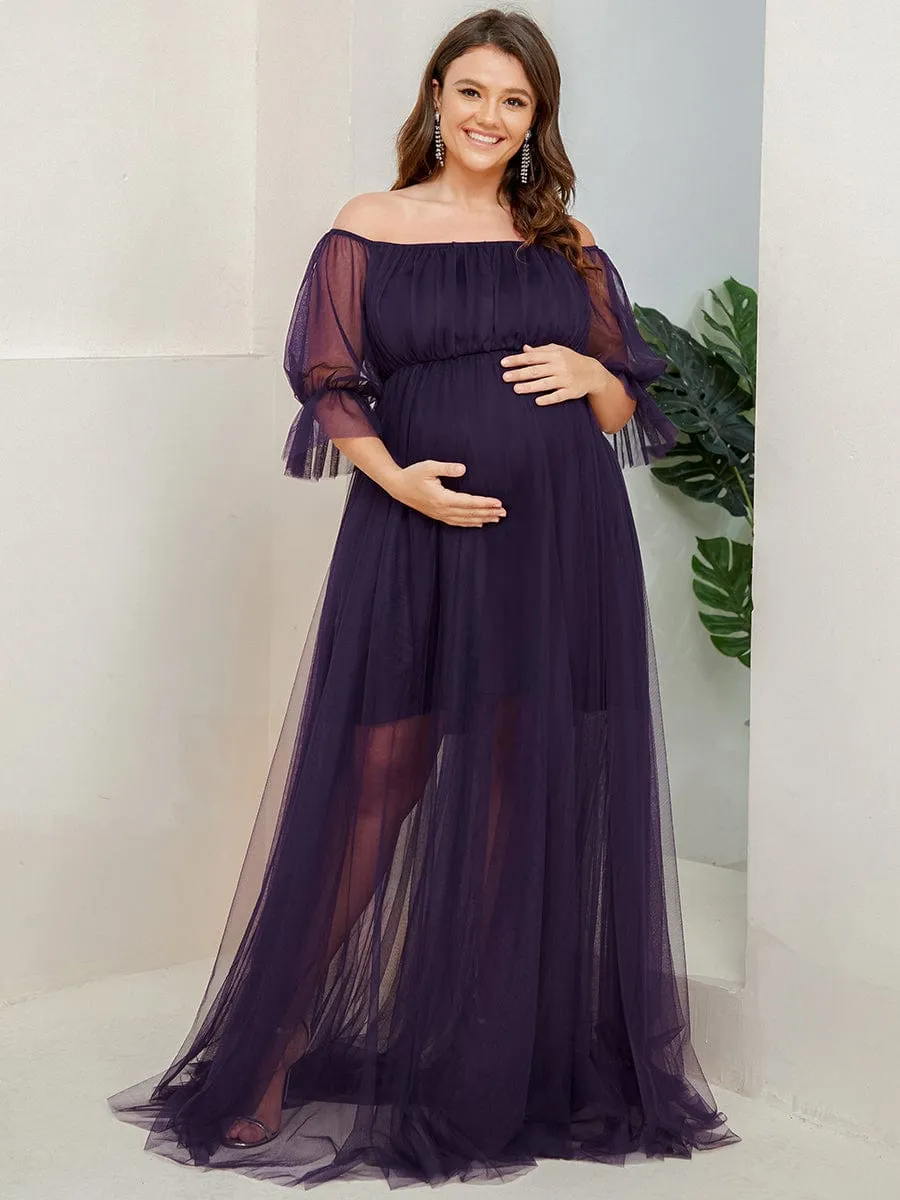 Plus Size Off-Shoulder Tulle Double Skirt Maxi Maternity Dress