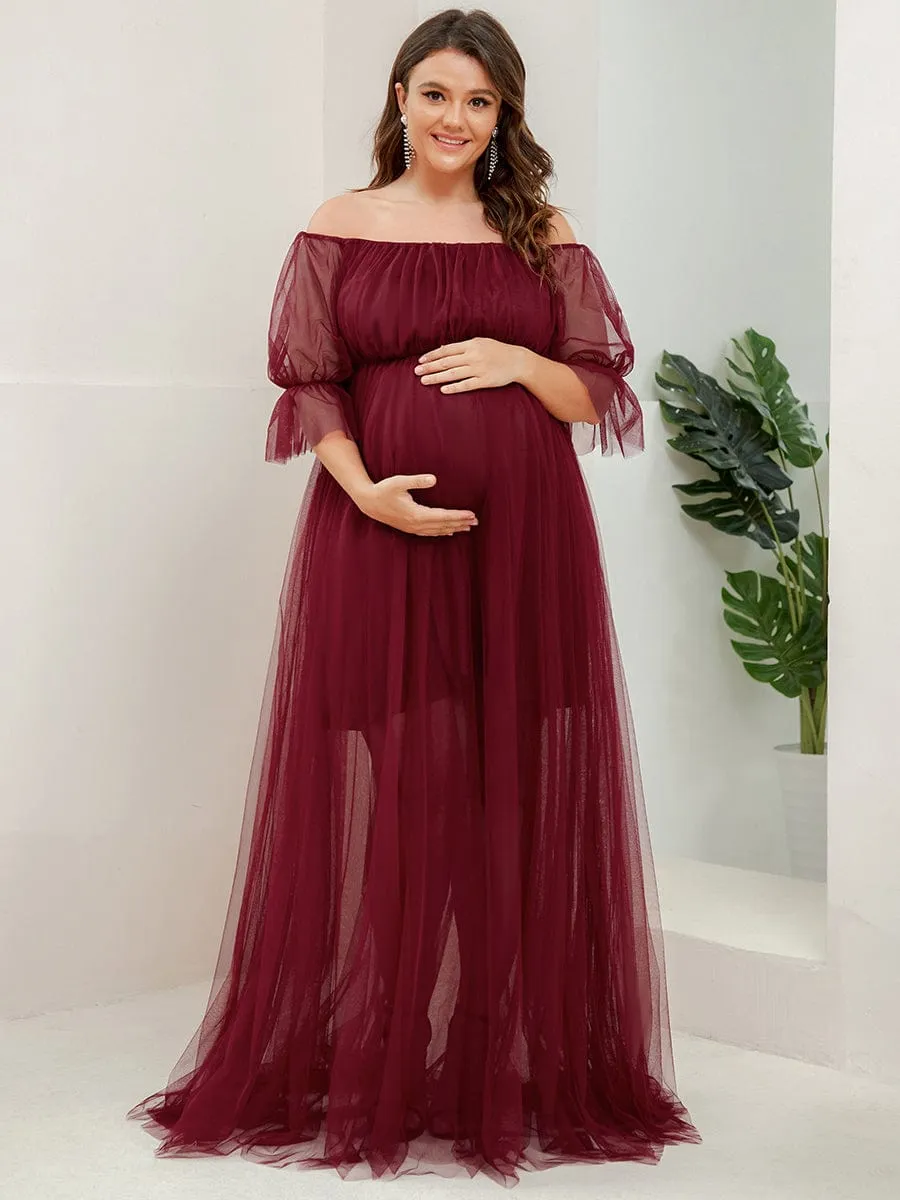 Plus Size Off-Shoulder Tulle Double Skirt Maxi Maternity Dress