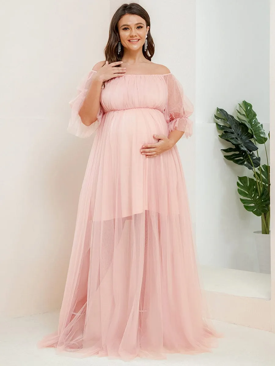 Plus Size Off-Shoulder Tulle Double Skirt Maxi Maternity Dress