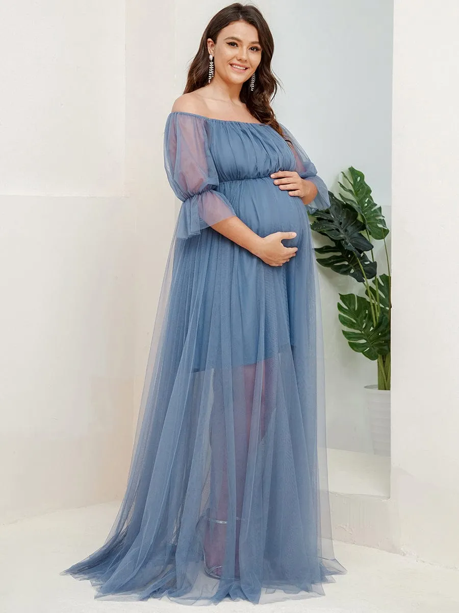 Plus Size Off-Shoulder Tulle Double Skirt Maxi Maternity Dress