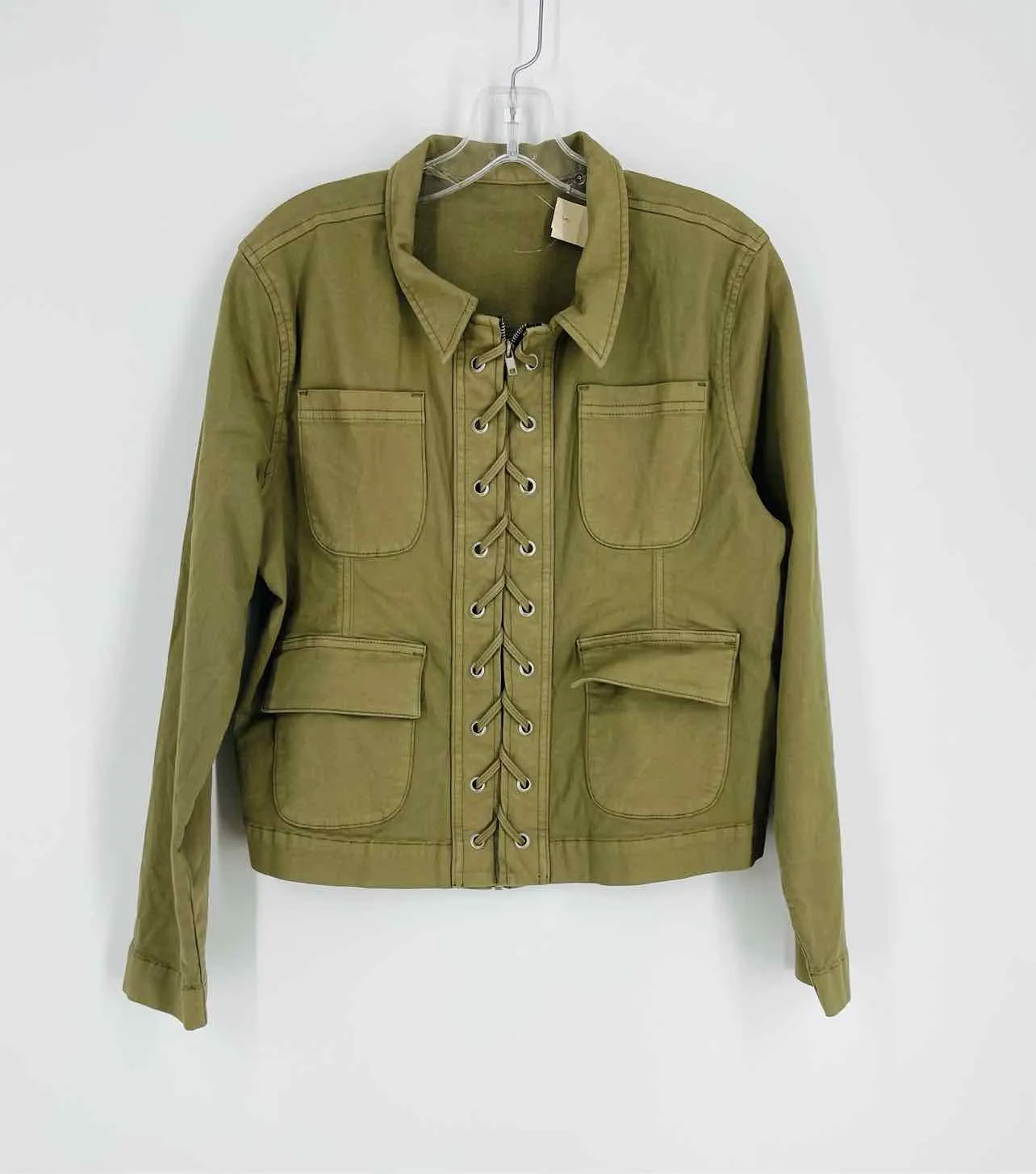 Size M ? Olive Lace-Up Zipper Jackets Jacket