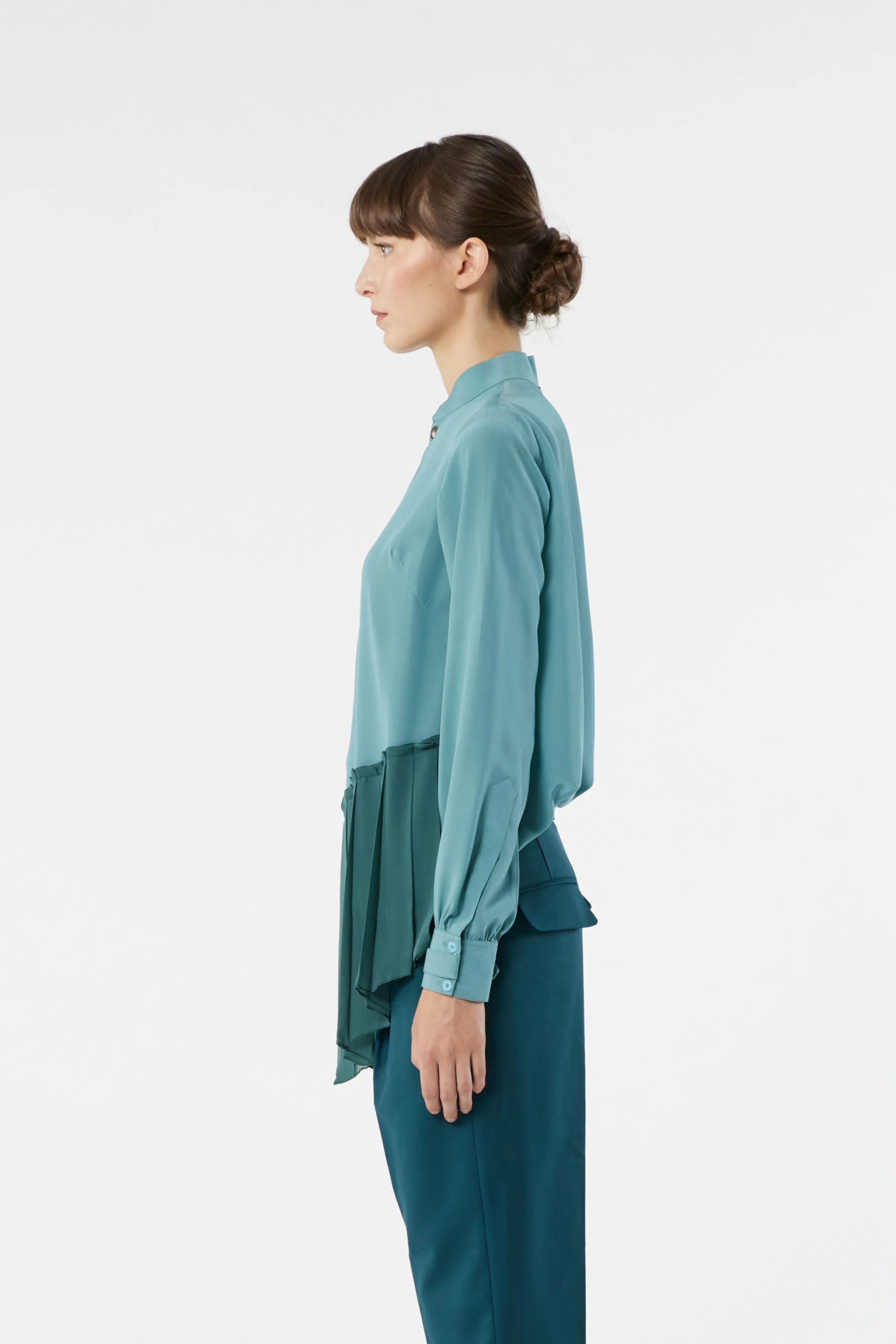 SKY green - silk asymmetrical pleated blouse