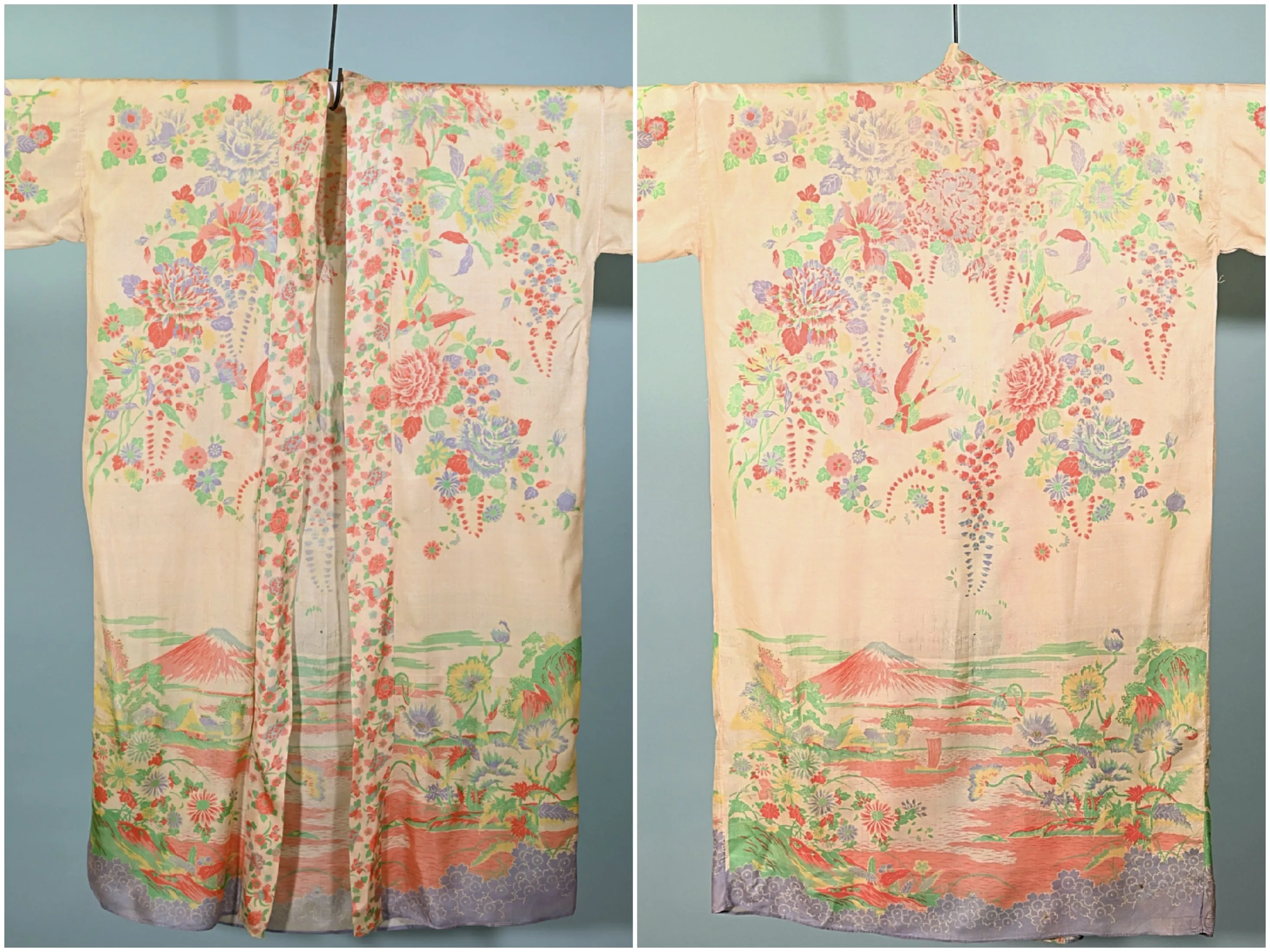 SOLD  Antique 20s Pongee Silk Robe/Kimono, Mt Fuji Flowers Birds OS