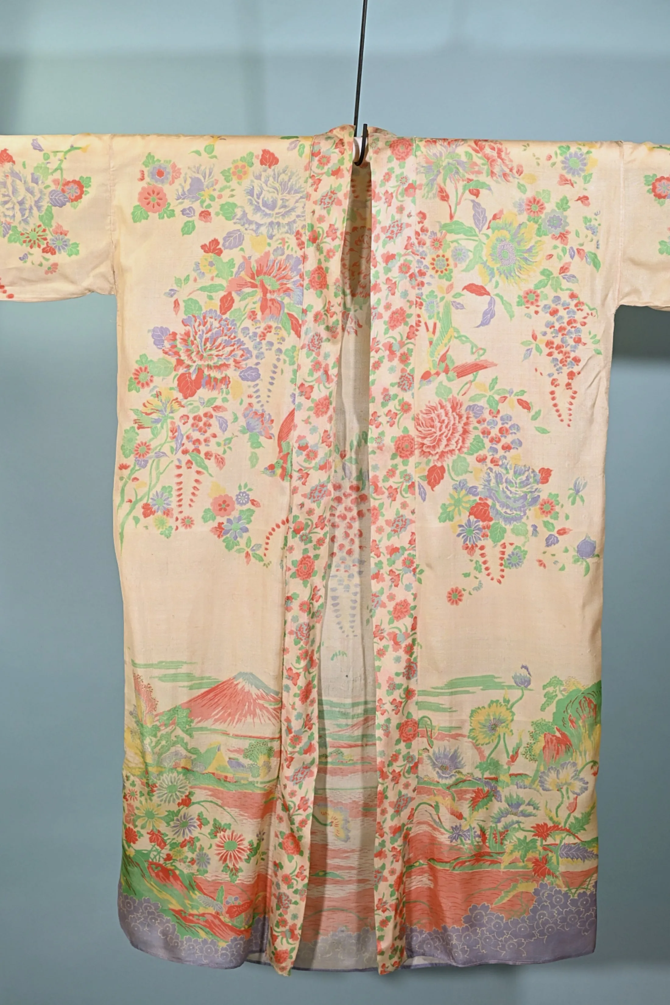 SOLD  Antique 20s Pongee Silk Robe/Kimono, Mt Fuji Flowers Birds OS