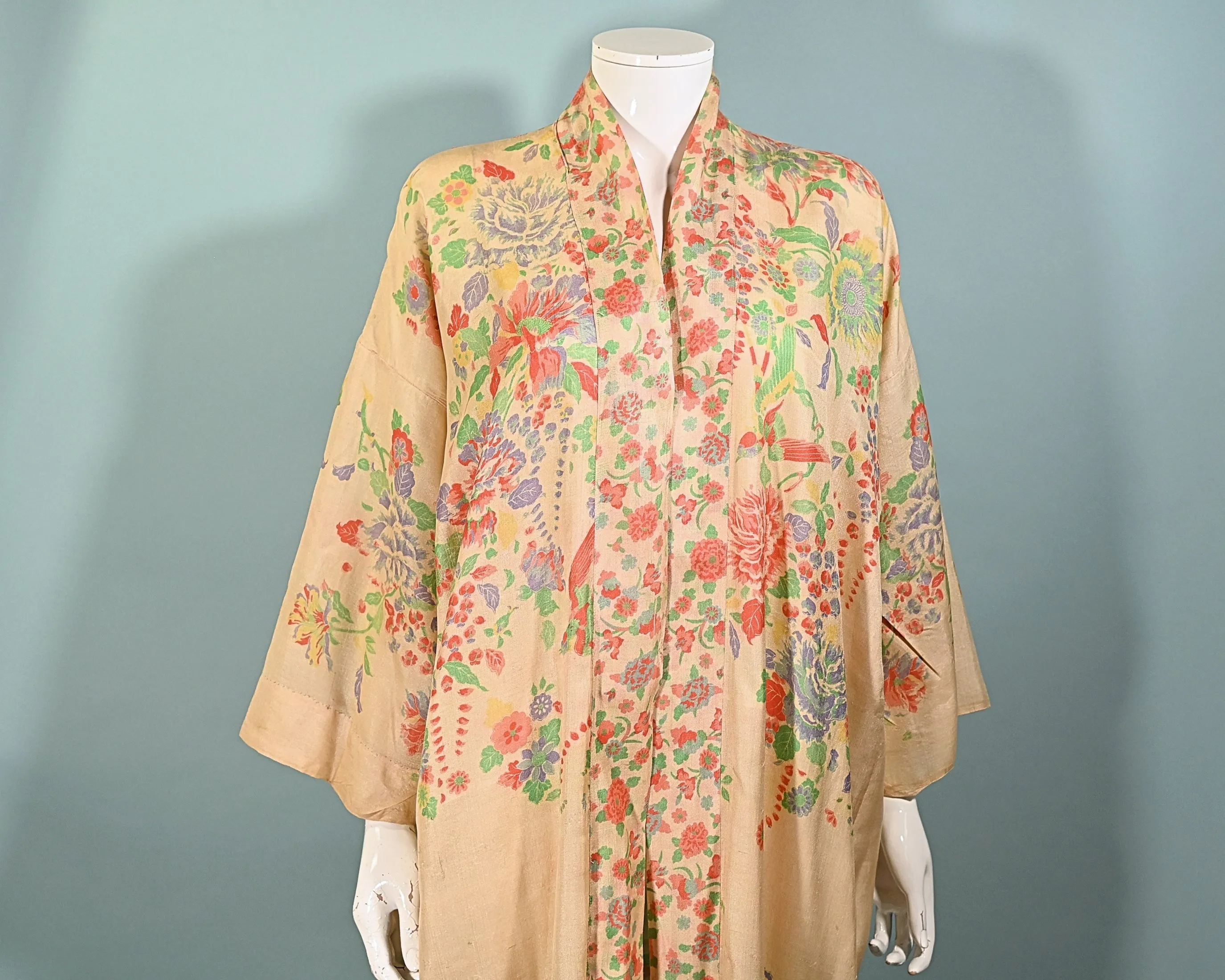 SOLD  Antique 20s Pongee Silk Robe/Kimono, Mt Fuji Flowers Birds OS