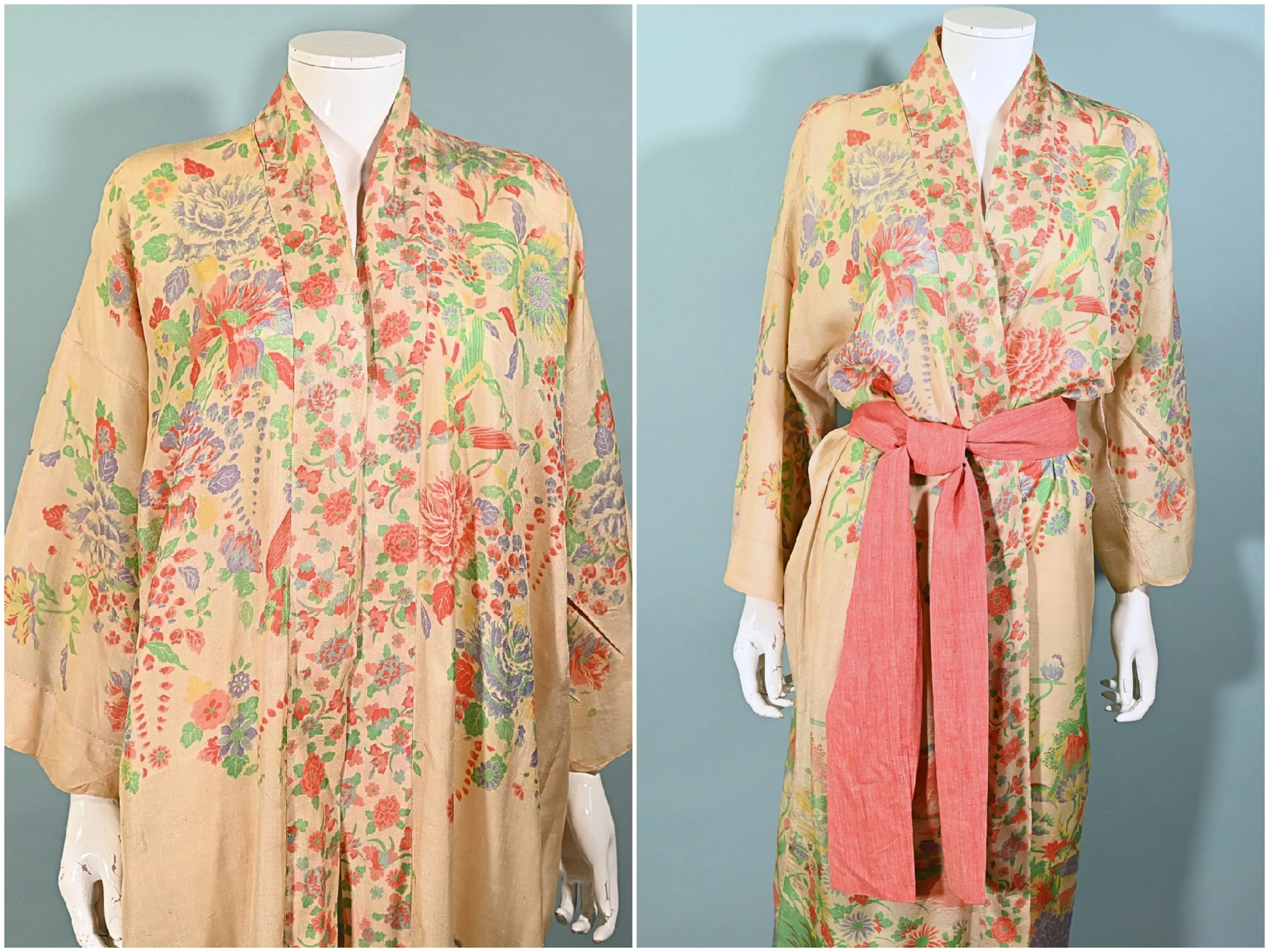 SOLD  Antique 20s Pongee Silk Robe/Kimono, Mt Fuji Flowers Birds OS