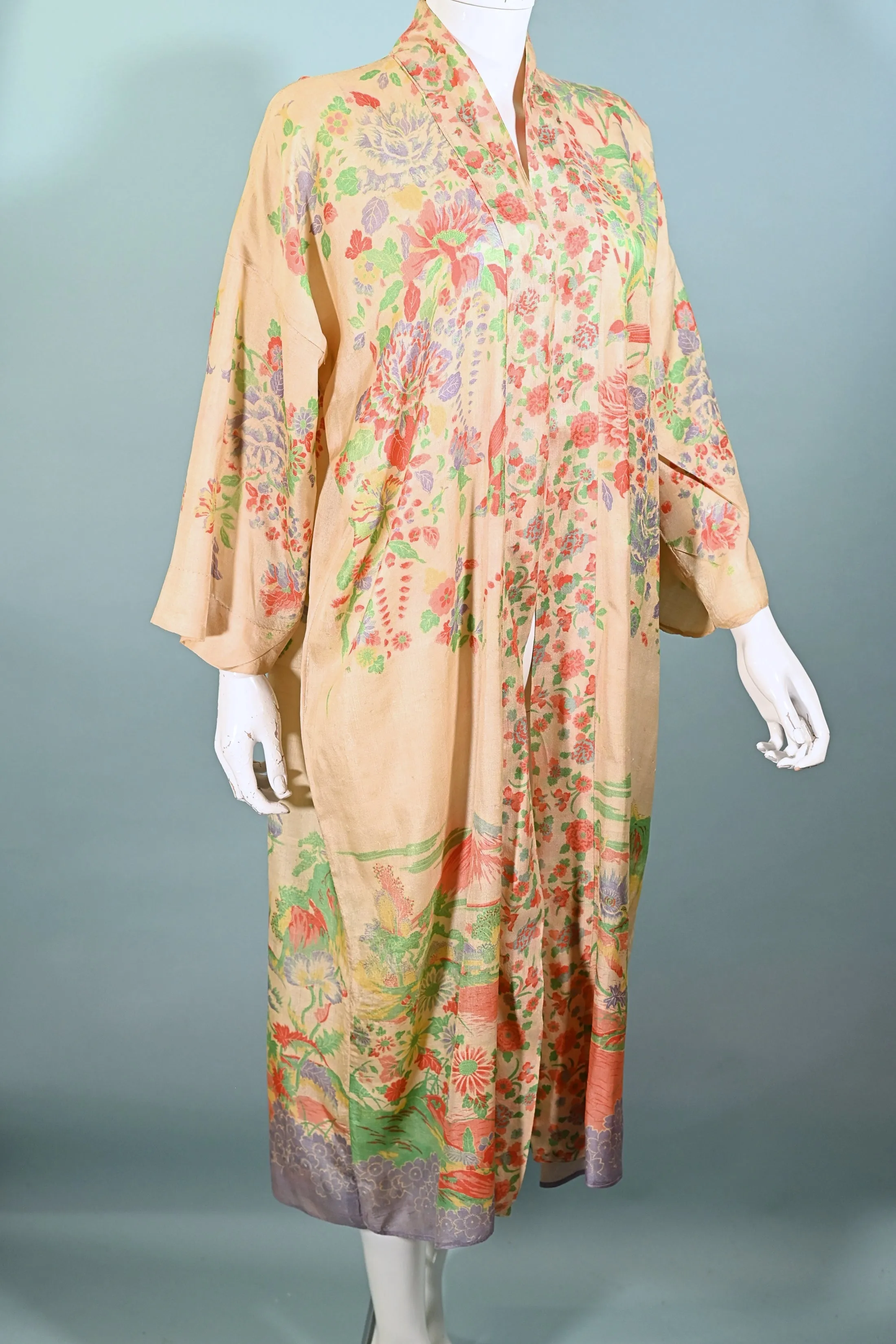 SOLD  Antique 20s Pongee Silk Robe/Kimono, Mt Fuji Flowers Birds OS