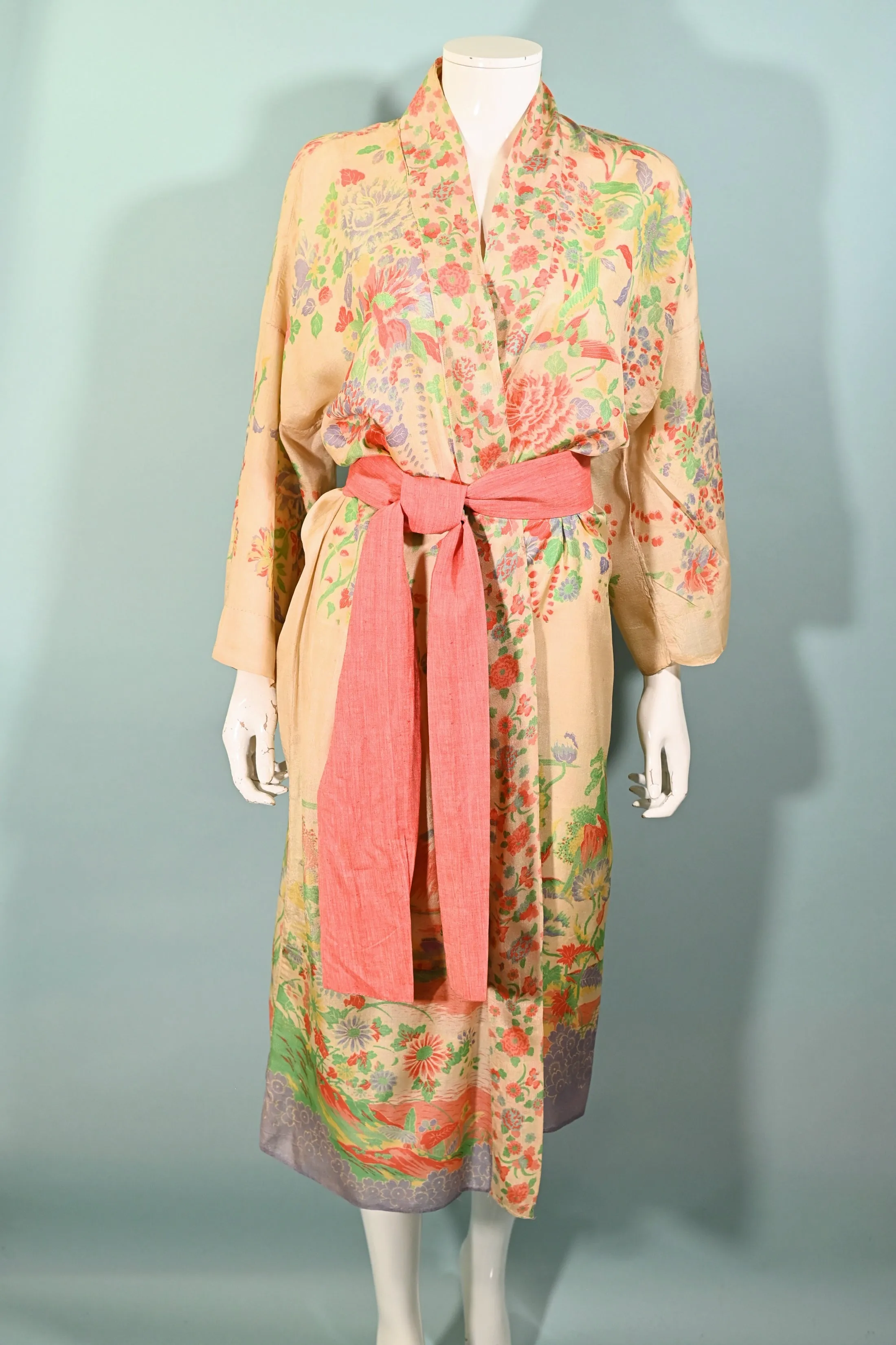 SOLD  Antique 20s Pongee Silk Robe/Kimono, Mt Fuji Flowers Birds OS