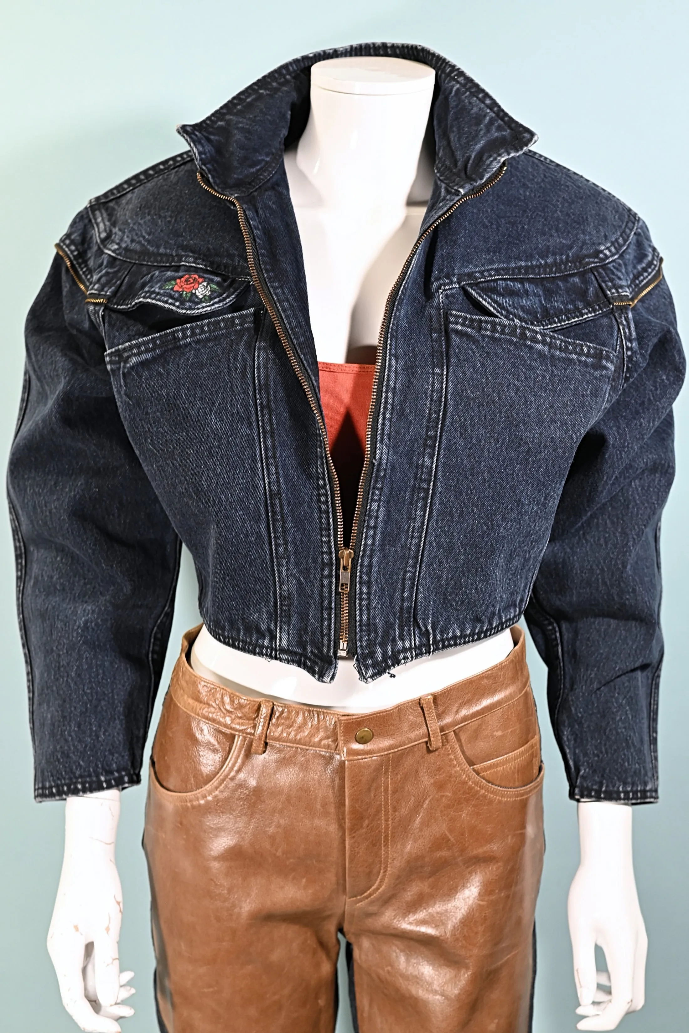 SOLD Edwin Vintage 80s Cropped Indigo Denim Jacket Rose Applique S