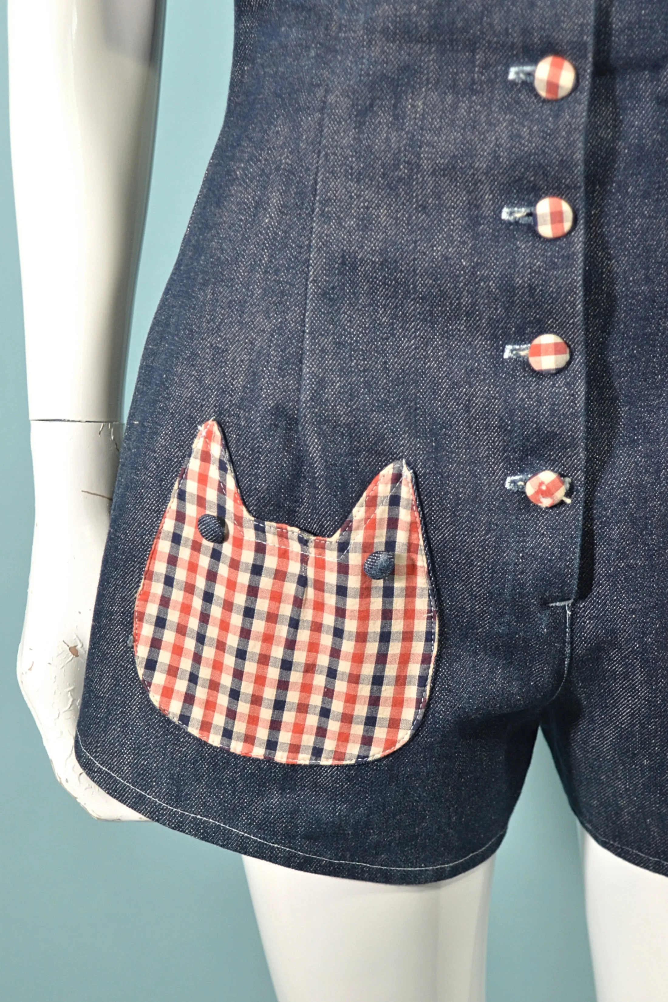 SOLD Vintage 60s/70s Denim Romper Cat Applique S