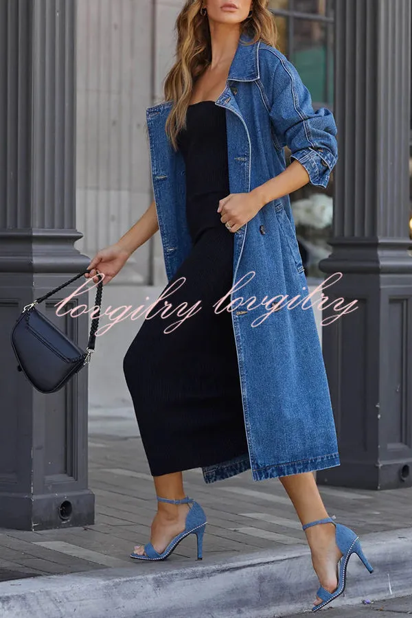 Solid Color Denim Double Pocket Button Down Midi Trench Coat