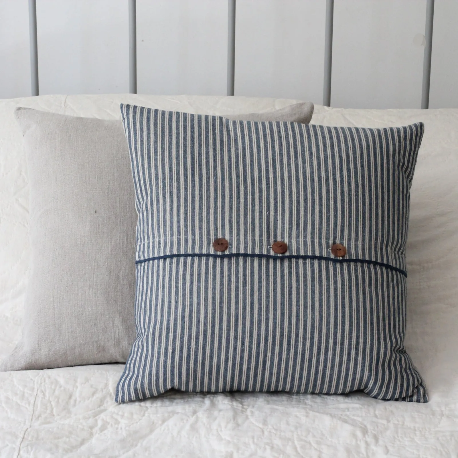 Ticking Stripe Cushion with Buttons