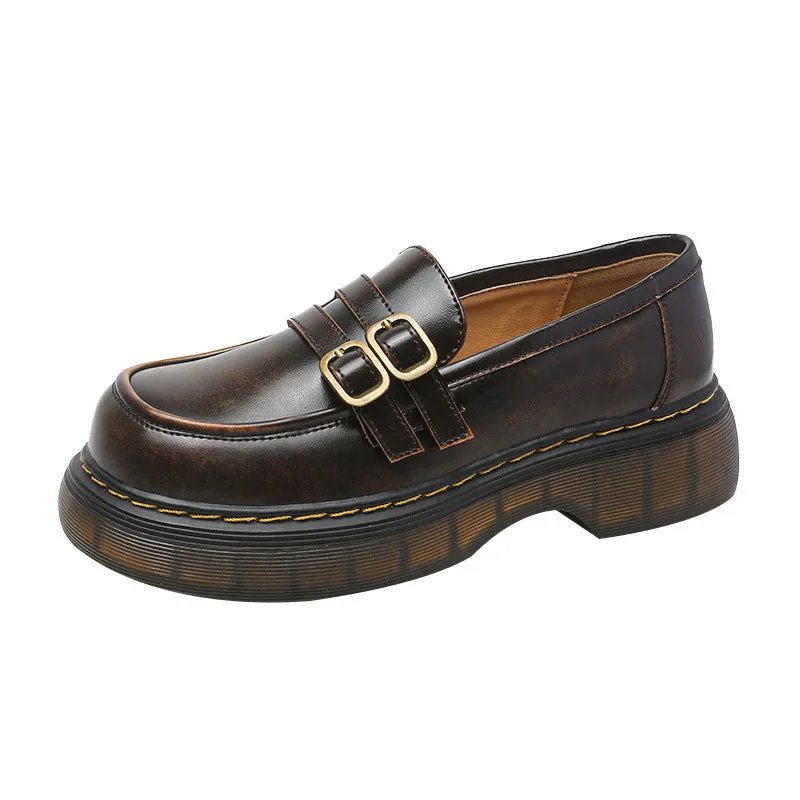 Women Retro Round Head Metal Buckle Leather Flat JK Loafers