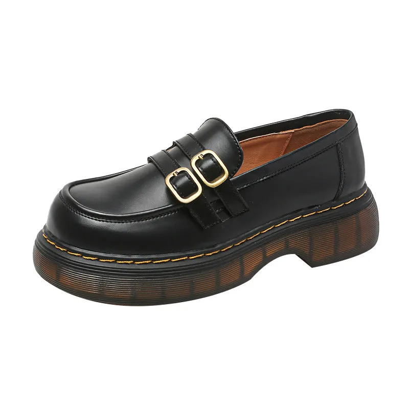 Women Retro Round Head Metal Buckle Leather Flat JK Loafers