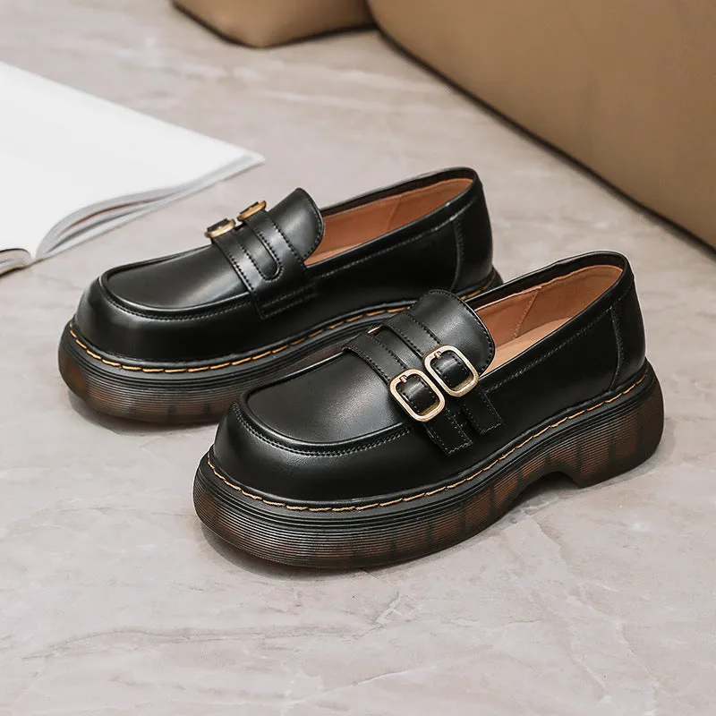 Women Retro Round Head Metal Buckle Leather Flat JK Loafers