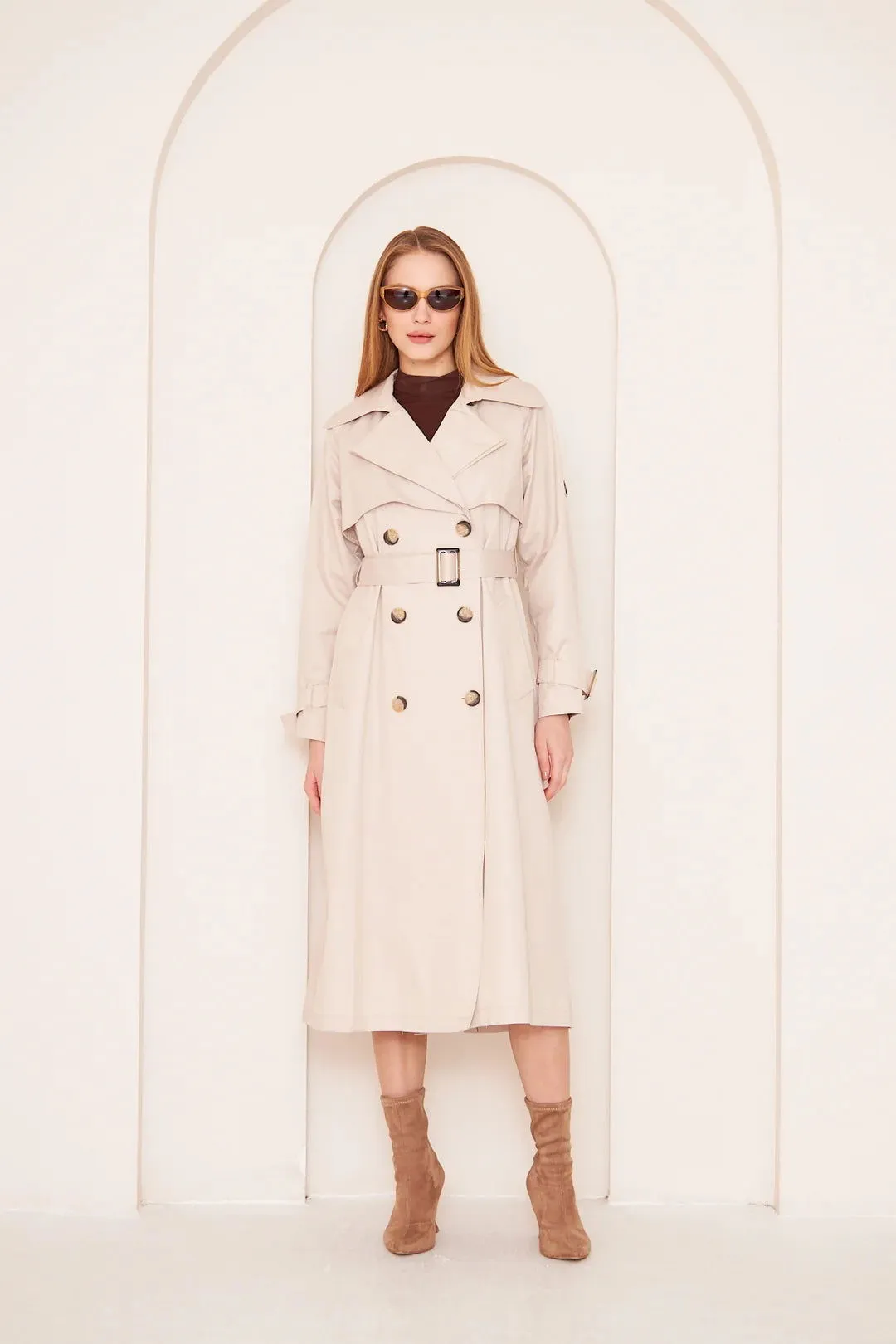 Women's Long Trench Coat with Double Collar Detail - Stone - SCB-W12390