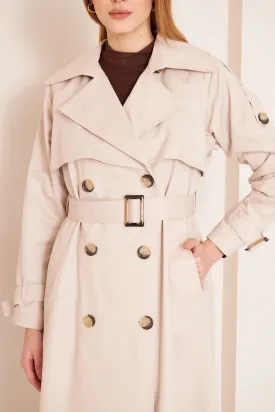 Women's Long Trench Coat with Double Collar Detail - Stone - SCB-W12390